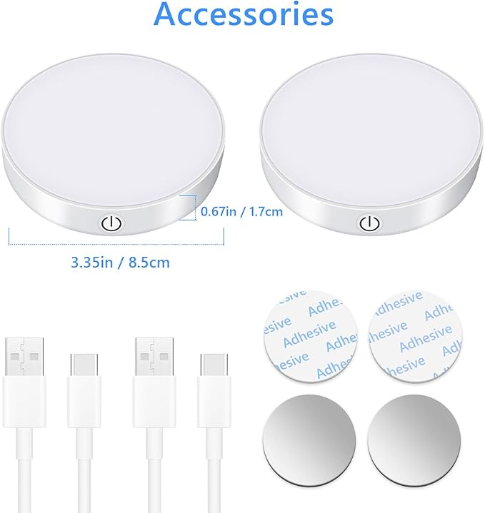 Ferswe Rechargeable Tap Lights, Dimmable Touch Night Lights with 1000mAh Large Battery, Stick on Light for Closet, Bedroom, Bathroom and Cabinet (2 Pack)