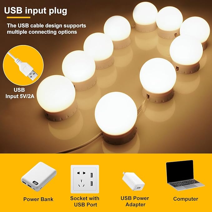 LED Vanity Lights for Mirror, Consciot Hollywood Style, Adjustable Color & Brightness, USB Cable, Stick on for Makeup Table Dressing Room Mirror (14)