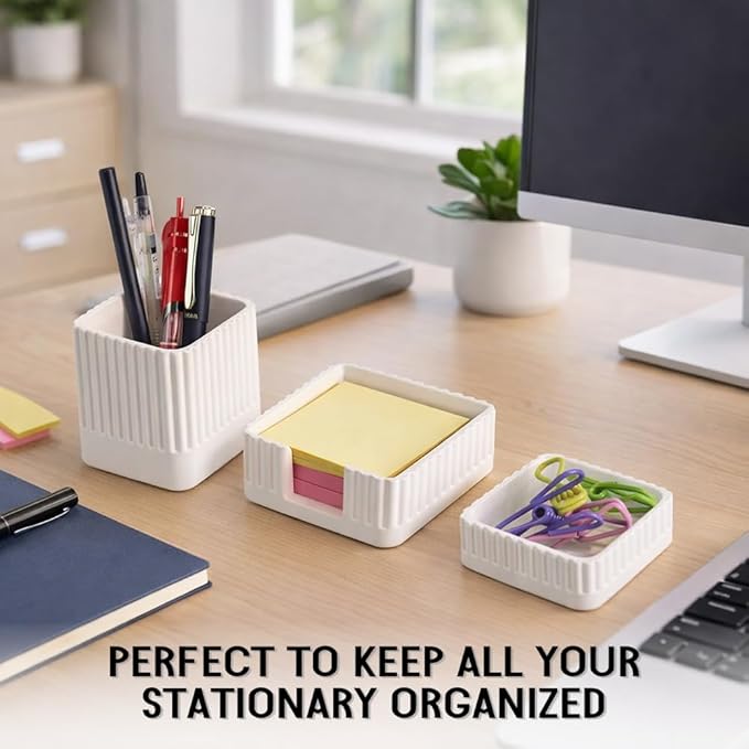 Desk Organizer Set of 3 for Office Accessories - Includes Pen Holder, Paperclip Storage, and Sticky Note Holder - Aesthetic Concrete Desktop Accessories for Women or Men, Office Decor (White)
