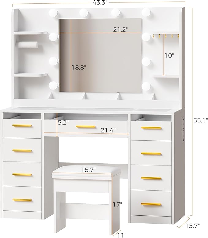 ANWBROAD Vanity Desk with Mirror and Lights 3 Colors Large Makeup Vanity Table Set Transparent Glass Top with 9 RGB Drawers, 4 Shelves Vanity Desk with Stool Power Outlet White Bedroom Women UBDT94W