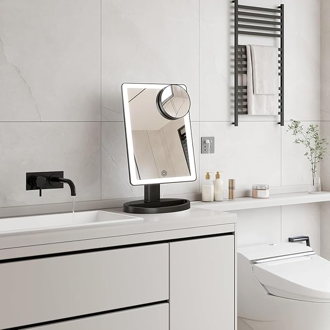FUNTOUCH Large Lighted Makeup Mirror with Lights, 3 Color Lighting Modes Light Up Mirror with 88 LED, 10X Magnification and 360° Rotation Touch Screen Tabletop Cosmetic Vanity Make Up Mirror (Black)