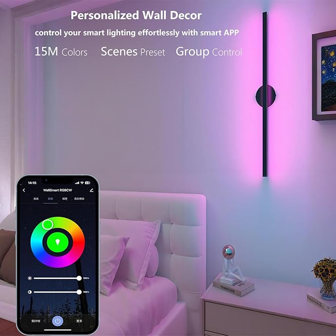 Plug In Wall Sconce,Smart RGBCW LED Wall Light Work with Alexa,Phone APP,Color Changing & White Dimmable Modern Room Wall Mount Light Bar,23.6In Long for Bedroom,Livingroom,Corner,Music Sync,1pcs