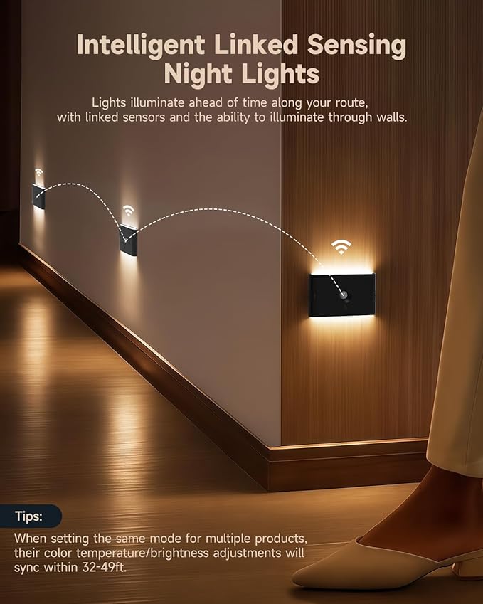 Yiliaw 6-Pack Rechargeable Motion Sensor Stair Lights Black, Dimmable Night Lights with 3 Modes & 3 Color Temperatures, Magnetic, Stick-On Stair Lights Indoor for Hallway, Stairway, Bathroom, Kitchen