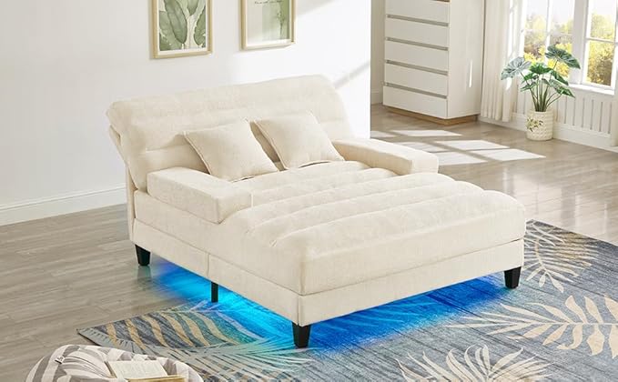 LifeSky Adjustable Chaise Lounge Sofa: 6-Position Reclining Sofa Bed with Smart LED Lighting - 60,000+ Color App-Controlled RGB Light Strip for Living Room & Apartment - Soft Chenille Upholstery Beige