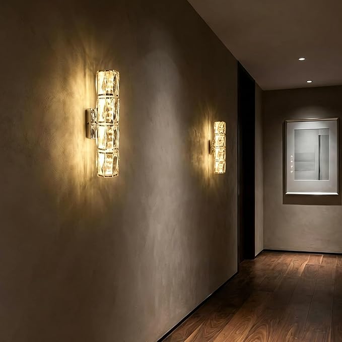 Modern Crystal Wall Sconces in Chrome Finish, LED Crystal Wall Light Fixtures with Remote, Luxury Vanity Wall Lamp Indoor for Bedroom Living Room Hallway Stairway Bedside, 3000K-6000K Dimmable