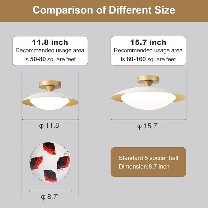 Small Dimmable Mid Century Modern Ceiling Light,5CCT LED White Gold Semi Flush Mount Ceiling Lamp,for Hallway Entryway Bedroom Laundry Room Kitchen Light Fixture 2700K-6000K,11.81 in