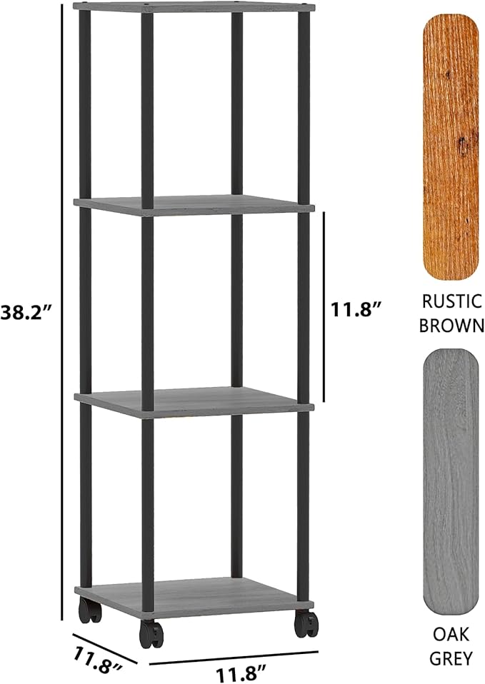 Bathroom Shelving Unit with Wheels, 4-Tier Narrow Open Floor Shelves, Metal Corner Slim Storage Rack for Bathroom Laundry Room Kitchen Living Room, Oak Grey