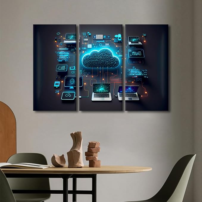 TUMOVO Multi Panel Large Wall Art Cloud Technology, Computing Pictures, Devices Connected to Digital Storage in the Data Center Via the Internet Posters and Prints Ready to Hang, 60" Wx40 H