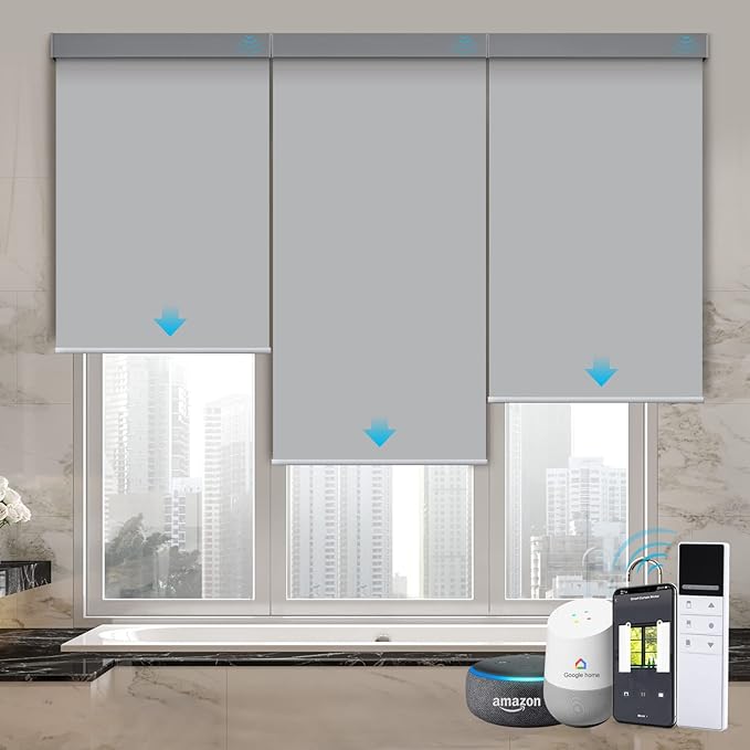 ACMEART Motorized Blackout Blinds Shades for Windows,Rechargeable Electrical Roller Shades with Remote,Smart Blinds Work with Solar Panels for Home and Office,Custom Size(Grey)