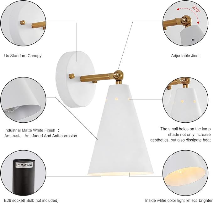 MWZ White Wall Sconces Set of Two, Modern Sconces Light Fixtures Hardwired with Metal Shade,Indoor Decor Arm Swing Lamp for Hallway,Bedroom,Living Room,Reading,Bedside,Kitchen,Nightstand