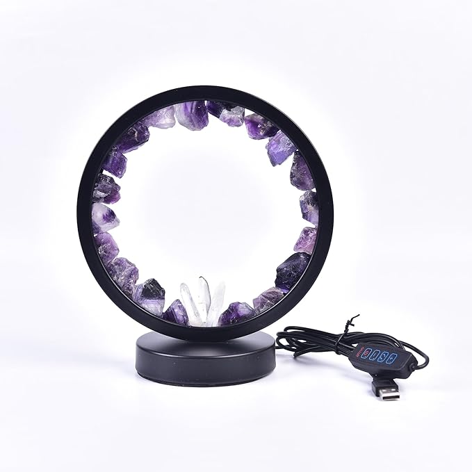 AMOYSTONE Natural Purple Fluorite Crystal Night Light, USB Rechargeable 3-Color Adjustable Lamp 7.5", Bedside Meditation Lamp for Bedroom Office Home Decor