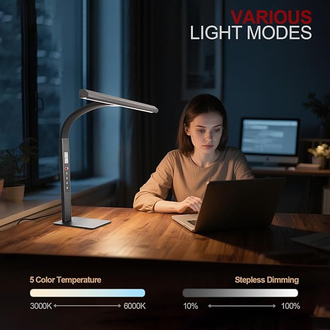 LED desk lamp for home office, architect computer work light,Touch color temperature stepless dimming and adjustable flexible gooseneck tube. desk lamp with clock , suitable for reading and studying.