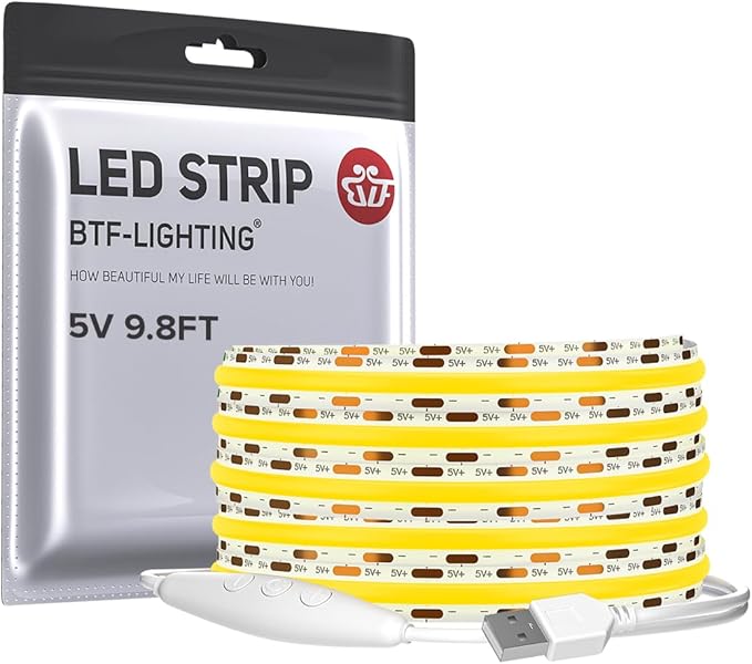 BTF-LIGHTING FCOB COB FOB LED Strip Lights 5V USB Powered 9.8FT 960LEDs Warm White 2700K 8mm Width Dimmable CRI 90+ with 3M Tape Flexible High Density for 3D Printer TV Backlight PC DIY Decor