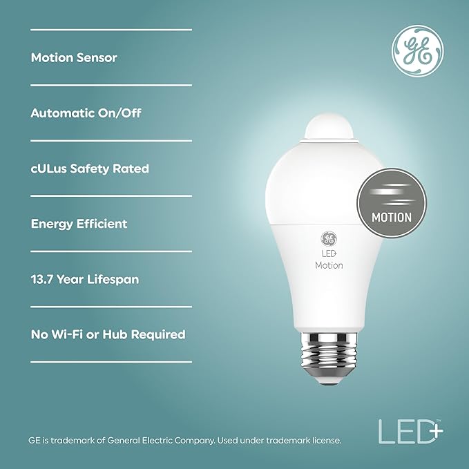 GE LED+ Motion Sensor LED Light Bulbs, 12W, Outdoor Security Lights, A21, Warm White (Pack of 4)