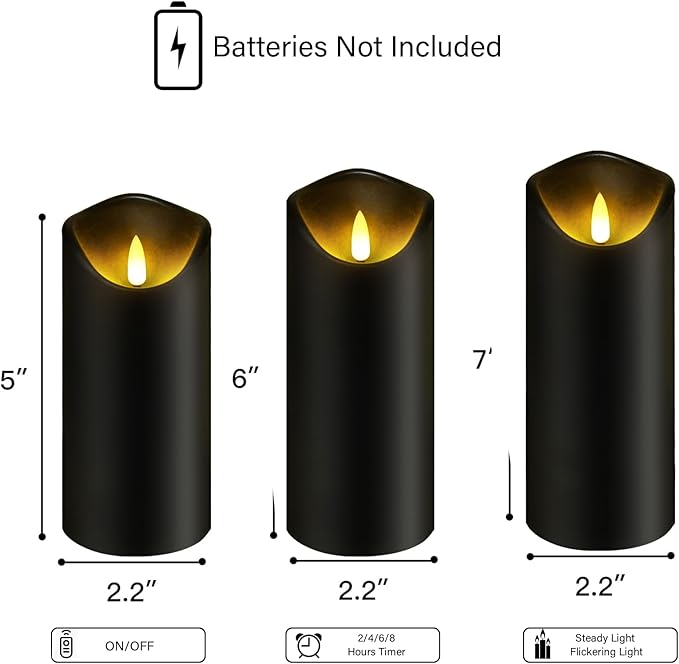 Flickering Flameless Candles, Battery Operated Plastic LED Pillar Candles with Remote Control and Timer, Set of 9 (Black)