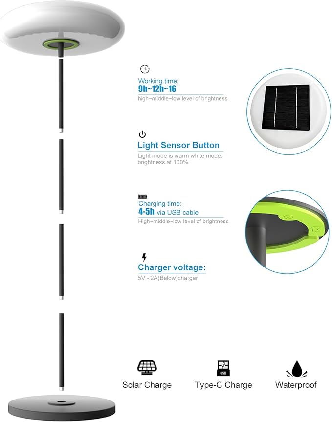 Lightdot Solar Outdoor Floor Lamp for Patio, Waterproof USB Rechargeable Cordless Floor Lamp with 3 Brightness Modes,Height Adjustable(Max 74IN),Warm White 3000k Standing Solar Lights for Yard Garden