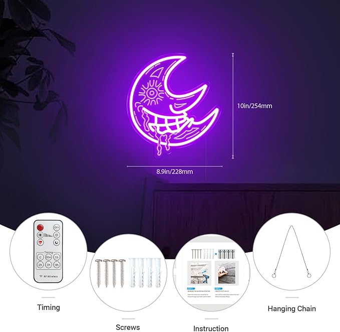Moon Neon Sign, Purple Scary Devil Drooling Blood Moon Led Sign for Wall Decor with Remote Dimmer, Retro Vintage Psychedelic Mystic Moon Neon Light for Christmas Bedroom Party Gift - 10''