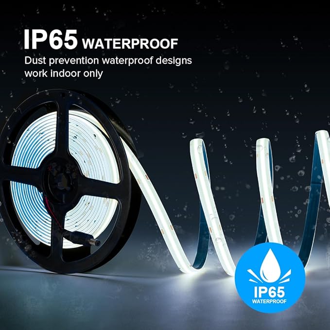 16.4FT COB LED Strip Light IP65 Waterproof DC12V 6000K Daylight White Dimmable Strips, 320LEDs/m High Density Flexible Uniform Lights for DIY Home Decor, Cabinet, No Adapter/Controller