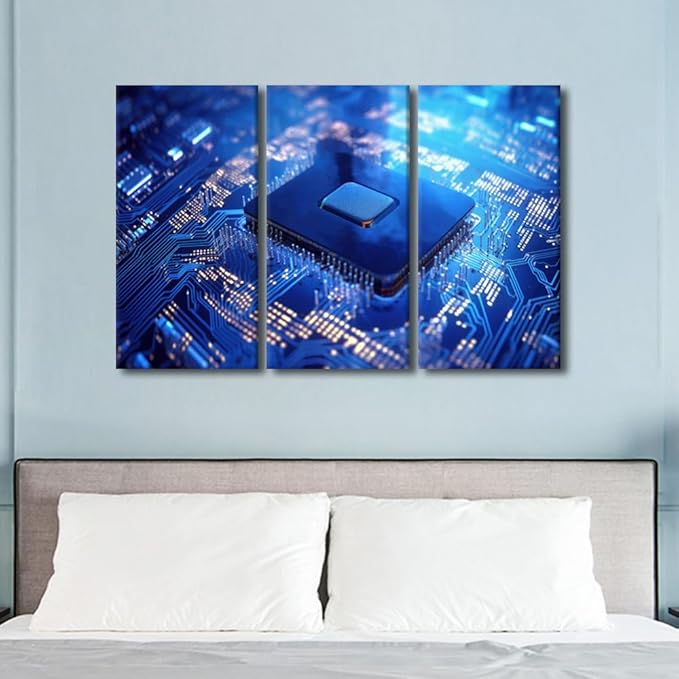 TUMOVO Semiconductor Chip Wall Decor 3 Pieces Canvas Wall Art Circuit Board Pictures Paintings Canvas Print Giclee Artwork for Home Walls Stretched and Framed Ready to Hang, 42" Wx28 H