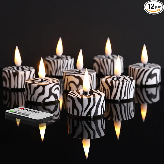 Eywamage Zebras Animal Pattern Flameless Tealights with Remote Batteries, Flickering LED Tea Votive Candles Set of 12