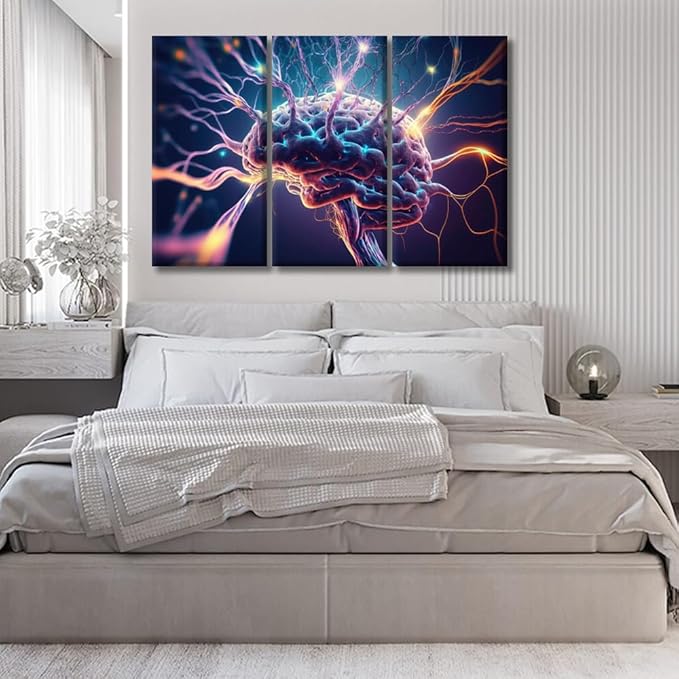 LSIUHWUWI Modern Wall Art 3 Panel Human Brain Neurons Firing and Neural Extensions Pictures Print on Canvas for Wall Art Decoration, Wooden Frame Artwork Ready to Hang 20x40inchx3
