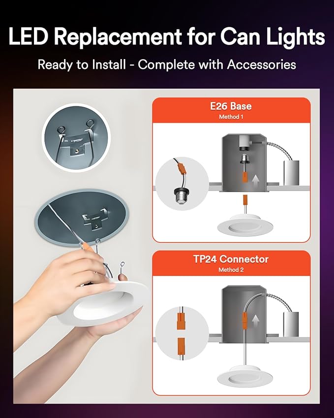Lumary Smart Retrofit LED Recessed Lighting 6 Inch, Wi-Fi Bluetooth Direct Connect, RGBAI Retrofit Baffle Trim Can Lights, 66 Scene Modes, Work with Alexa Google, ETL IC Rated, CRI90 1000lm,4 Pack
