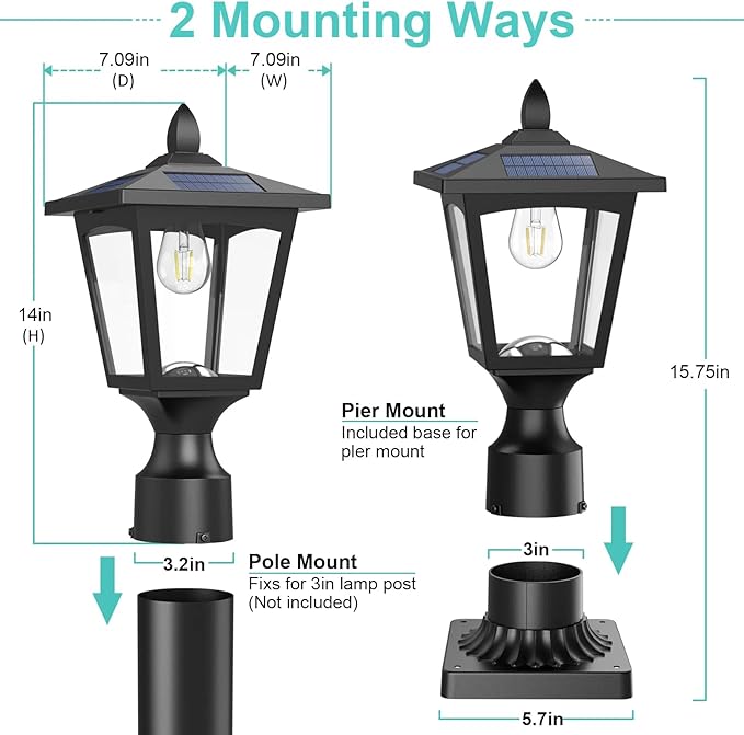 Solar Post Lights, 3000K Dusk to Dawn Solar Lamp Post Light with Pier Mount Base, Solar Post Lights Outdoor Waterproof for Garden Yard Landscape Pole Pillar, Outside Decorative Lamp(Warm White)