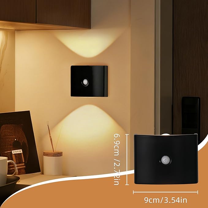 2 Pack Motion Sensor Wall Light, Rechargeable Wall Sconce with 3 Color Temperatures and Brightness Adjustable, Wireless Magnetic Mount for Bedroom, Stair, Hallway, Closet (Black)