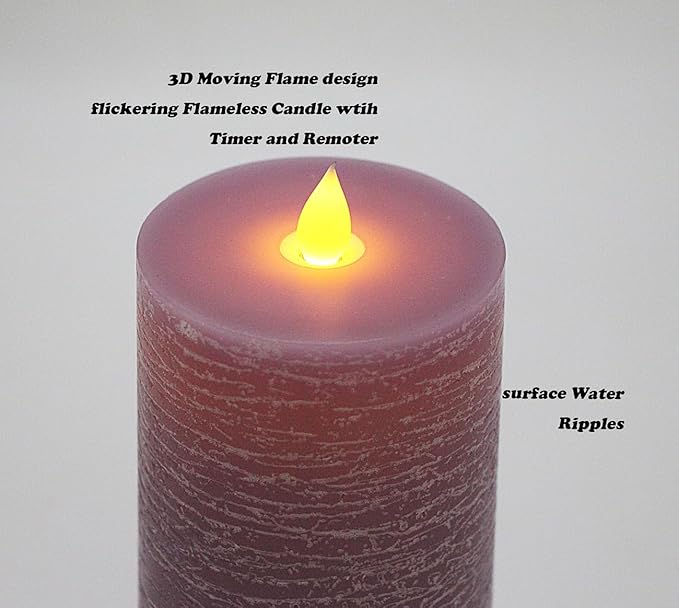 Flickering Flameless Candle with 3D Moving Flame, with Remote and Timer, Real Wax Candles, LED Pillar Water Ripples Battery Operated Candle for Wedding, Christmas, Home Decor (Purple)