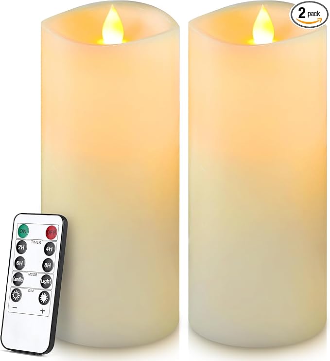 7” x 3” Flameless Candles, Flickering Moving Flame LED Candles, Battery Operated Candles with Remote and Timers, Ivory White, Set of 2