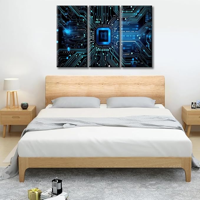 Rebotipy Computer Processors CPU Wall Art for Living Room Blue Circuit Board Modern Home Decor CPU Concept Posters Artwork for Bedroom Office Wall Art Painting Pictures Ready to Hang,(42" Wx28 H)