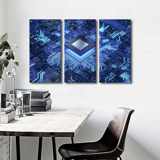 3 Pieces Smart Chip Canvas Wall Art Painting CPU Concept Wall Decor for Living Room Pictures Print on Canvas Circuit Board Framed Modern Artwork for Home Bedroom Decorations Ready to Hang(24" Wx36 H)