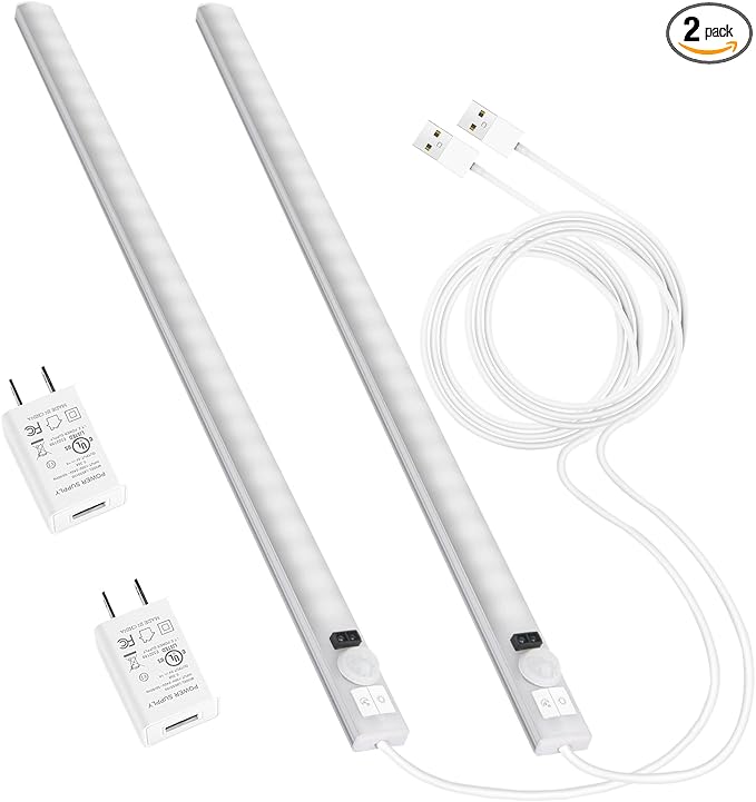 Improved 15.7" Touchless USB Plug-in LED Motion Sensor Under Cabinet Light, Super Bright & Dimmable, Motion Sensor Light Indoor for Kitchen, Cabinet, Closet, Pantry - Cool 2Pack