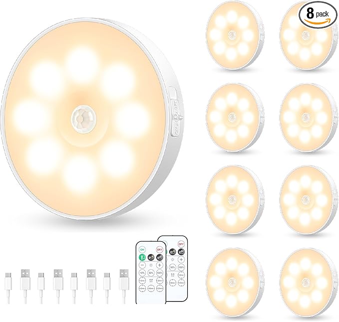 Motion Sensor Puck Light with Remote, Wireless Dimmable Under Cabinet Lighting, Rechargeable Magnetic Closet Night Light, 8-Pack, Warm White