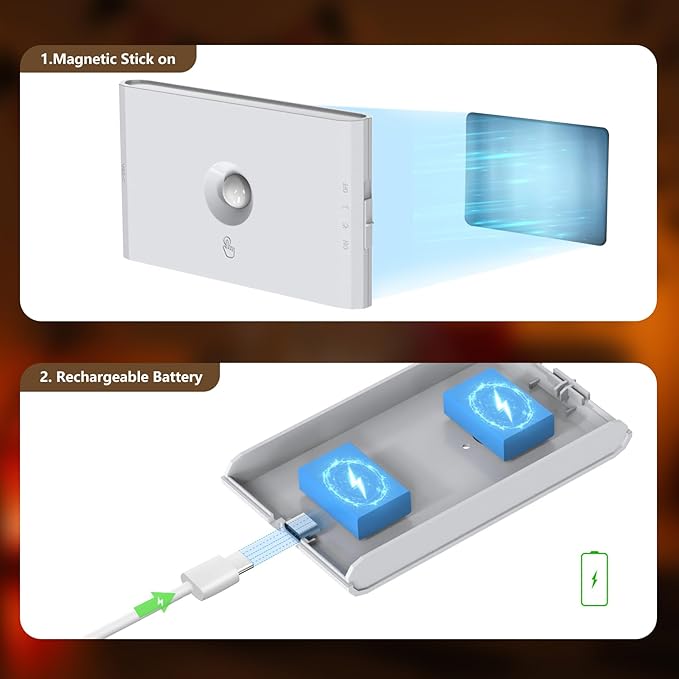 Rechargeable Stair Night Lights Indoor with Motion Sensors, Small Battery Powered Stairway Lights for Bathroom, Hallway, Underbed, Toilet, Magnetic Mount, 4 Pack