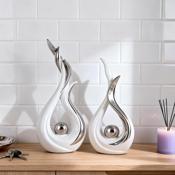 White and Silver Abstract Ceramic Sculptures 2 Set,Modern Home Decor Dining Table Objects,Silver Room Decor for Coffee Table, Shelf, Dining Room, Kitchen, Tv Stand, Entryway Or Desktop Display