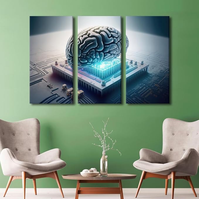 TUMOVO 3 Panel Bedroom Wall Art Modern Canvas Print Wall Art Kit AI Pictures Posters Future Technology Artwork for Living Room Bedroom Decoration Stretched Framed Ready to Hang, 42" Wx28 H