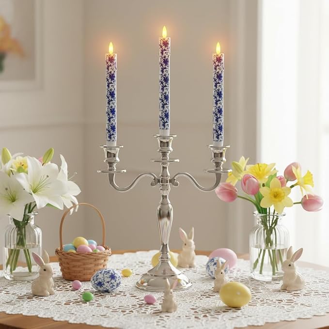Chinoiserie LED Candles Remote Candlesticks-10inches Blue and White Battery Operated Candles Timer Floral LED Taper Candles Lights for Home Wedding Tea Party Windows Decor-RC2PC-BLUWHT