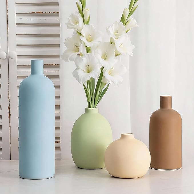 Ceramic Vase Set of 4, Modern Minimalist Colors Home Decor, Rustic Decorative Flowers Vases for Bouquet, Pampas | Table Mantel Centerpiece Bookshelf Living Room Bedroom (Minimalist Mix Set of 4)