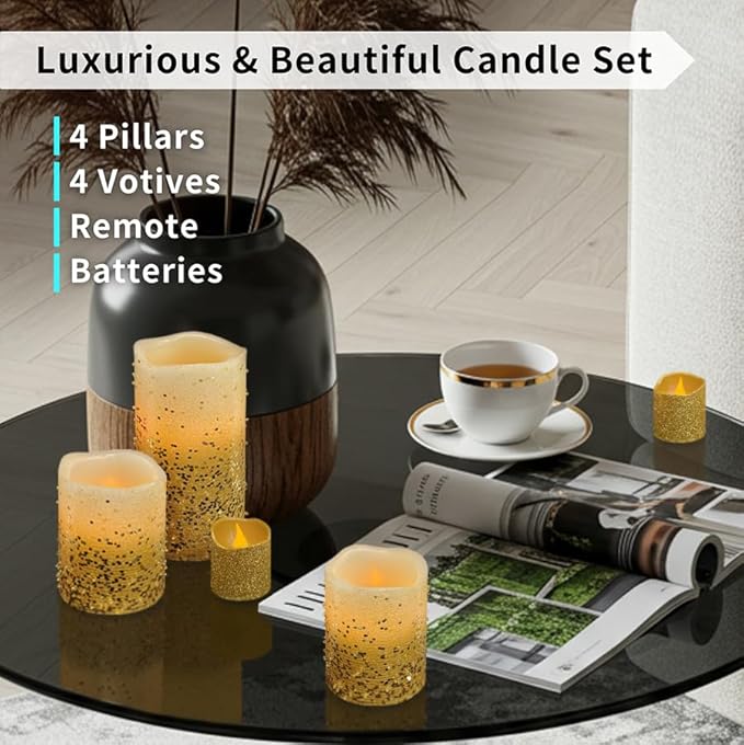 FURORA LIGHTING Gold Glitter LED Candles with Remote and Timer, 4 Pillars and 4 Votives Pack of 8, Real Wax Flameless Flickering Candles for Home Décor, Battery Included