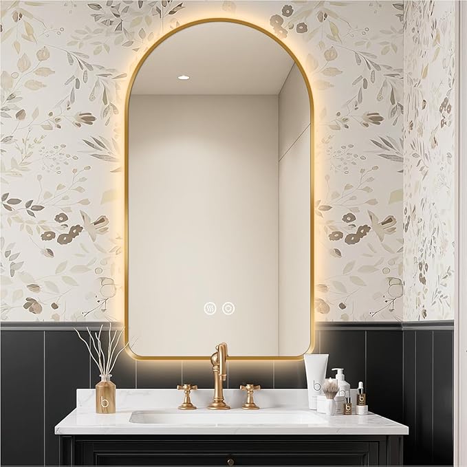 36"L x 30"W Arched LED Bathroom Mirror, Brushed Gold Frame, Backlit Vanity Mirror with Lights, Wall Mounted Lighted Mirror, Dimmable 3-Color Shatter-Proof Arch Smart Mirror, UL-Listed, CRI≥93