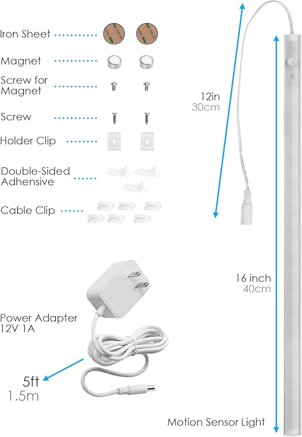 Under Cabinet Lighting, Motion Sensor Lights Indoor Plug in, 16" 12V LED Under Counter Super Bright Magnetic for Kitchen/Hallway/Toilet/Garage/Closet(Warm White/3000K)