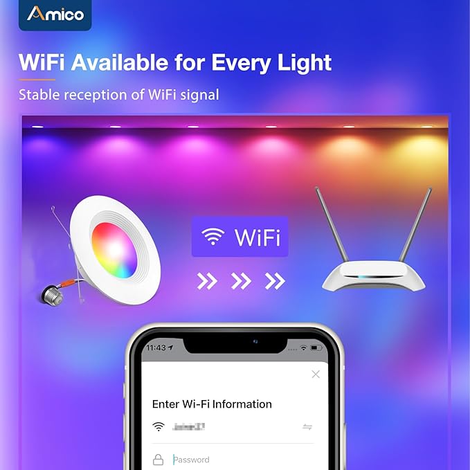Amico 1 Pack 5/6 Inch Smart WiFi LED Recessed Can Lights, Color Changing Retrofit Recessed Lighting, Baffle Trim, APP Control, 12W=110W 1100LM, IC& ETL