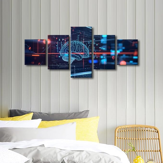 5 Panel Futuristic Technology Canvas Wall Art for Bedroom Framed Artwork for Walls Human Brain Paintings Canvas Wall Art Framed Artificial Intelligence Decor for Living Room House Decoration 50"Wx24"H