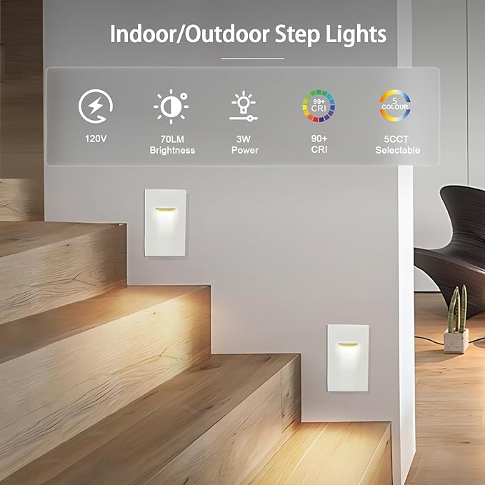 8-Pack Vertical LED Step Lights, Color Adjustable (2700K-5000K), IP65 Waterproof, 3W 70LM, 120V Stair Lights Indoor Outdoor, 10%-100% Dimmable, White, ETL Certified