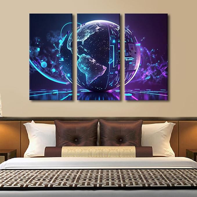 TUMOVO Large Canvas Wall Art Future Energy Power Technology and Internet Connection Concept Pictures Posters, 3 Panel Modern Wall Art for Home Decoration, Framed Ready to Hang, 60" Wx40 H