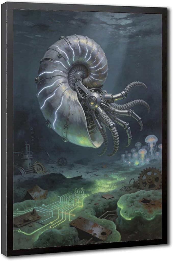 Framed Steampunk Mechanical Nautilus Wall Art - Underwater Industrial Poster for Man Cave Studio Decor 08x12in