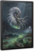 Framed Steampunk Mechanical Nautilus Wall Art - Underwater Industrial Poster for Man Cave Studio Decor 08x12in