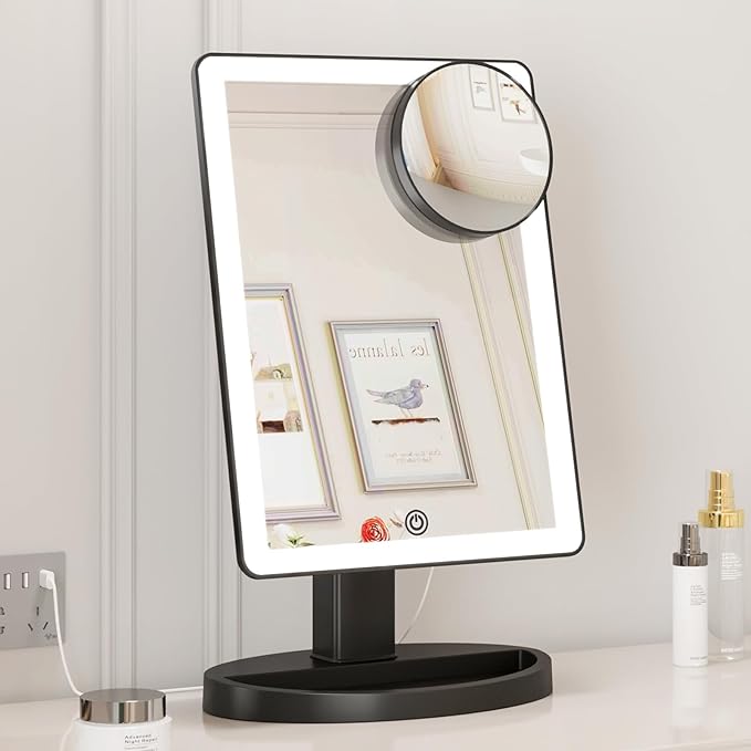 FUNTOUCH Large Lighted Makeup Mirror with Lights, 3 Color Lighting Modes Light Up Mirror with 88 LED, 10X Magnification and 360° Rotation Touch Screen Tabletop Cosmetic Vanity Make Up Mirror (Black)