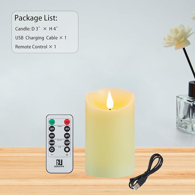 Flickering Flameless Candles with Rechargeable Battery, Electronic Candles with Remote and Timer, led Pillar Candles Real Wax Wick, led Candles for Home, Wedding, Halloween, Christmas 3" x 4"
